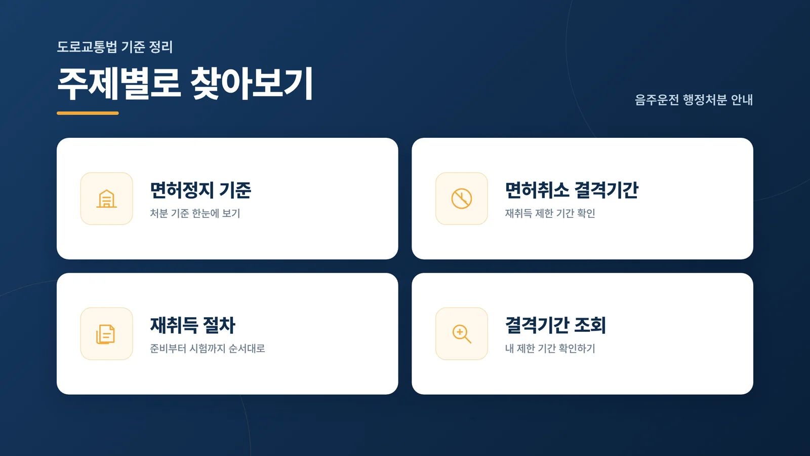 면허정지 기준, 면허취소 결격기간, 재취득 절차, 결격기간 조회 주제별 안내 타일